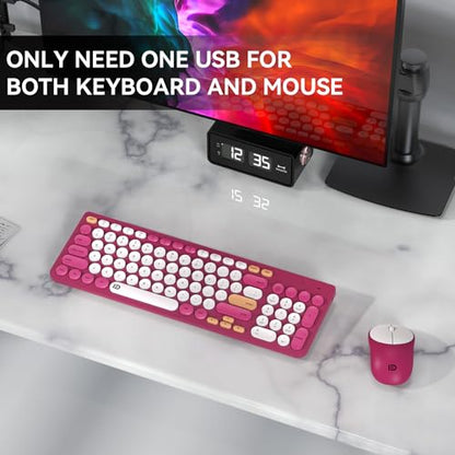 Wireless Keyboard and Mouse Combo, 2.4GHz Colorful Cute Round Keycaps Keyboard for Office Computer PC Desktops Laptop (96 Keys Rose Red) - color: 96 Keys Rose Red
