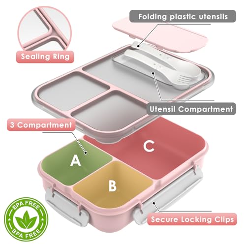 WHALEHOUSE Large Capacity Bento Box for Adult, 1700ML 3 Compartments Lunch Box with Utensil, Airtight Food Container with Lids for Meal Prep, Microwave/Dishwasher/Freezer Safe, On the Go (Pink) - color: 1700mL-Pink