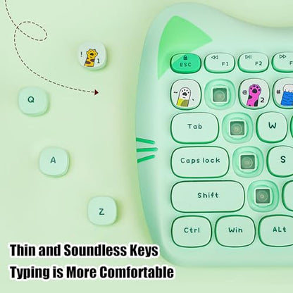 Cute Cat 2.4G USB Wireless Keyboard and Mouse Combo, Silent Keys, Candy Colors, Compatible with Notebook, PC (Green-110Keys) - color: Green-110Keys