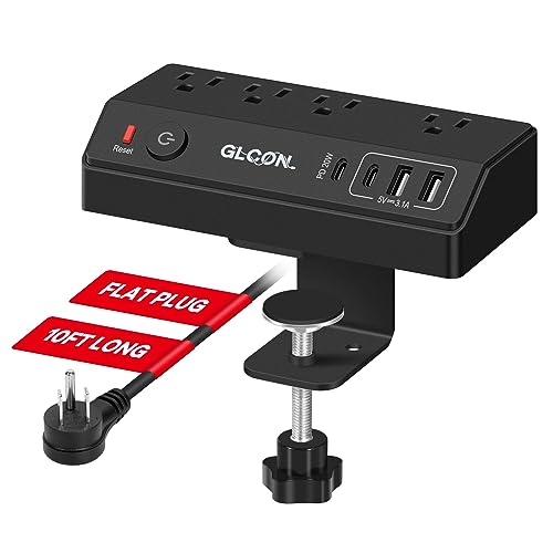 Desk Clamp Power Strip - 20W USB C Fast Charging Station - Desk Power Strip Flat Plug Extension Cord 10FT with 4 USB Ports + 4 Outlets - Desktop Mount Surge Protector - Fit 1.8" Tabletop Edge - color: Black
