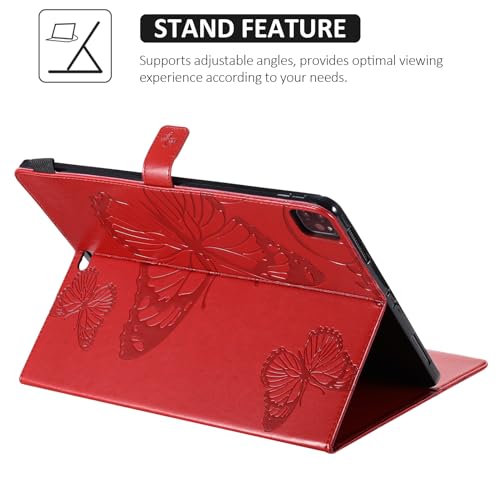Dteck Wallet Case for iPad Air 13 Inch M2 2024 & iPad Pro 12.9 2022/2021/2020/2018 with Pencil Holder,Embossed Butterfly Auto Sleep/Wake PU Leather Smart Stand Girls Cute Folio Pocket Cover,Red - color: 10 Red