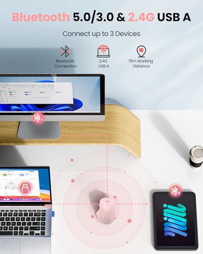 TECKNET Wireless Mouse Bluetooth 5.0/3.0 & 2.4G Rechargeable, Silent Clicks, Adjustable 4800 DPI, 6 Buttons, Ergonomic Design, Bluetooth Mouse for Laptop, Computer, ipad - Pink - color: Pink