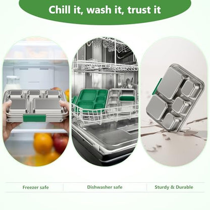 Pawtong Stainless Steel Lunch Box, 5-Compartment Bento Lunch Box for Kids & Adults,Metal Lunch Box with Removable Silicone Container, Lunch Box Containers for School,Office(Green) - color: Green