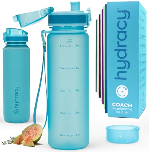 Hydracy Water Bottle with Time Marker & Fruit Infuser - BPA Free - 17 oz | Leak Proof Gym Bottle with times to drink and no sweat Sleeve - Ideal for Fitness Sports & Outdoors - color: Aqua Blue, size: 17 Ounces