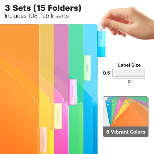 Dunwell 5-Tab Dividers with Pocket for 3-Ring Binders (3 Sets, 15 Count), Plastic One Pocket Dividers with Tabs, Slash File Jackets 3 Hole Punched for 8.5x11 Paper, Poly Pocket Notebook Dividers - size: 3 Sets (15 pcs), style: 1 Pocket