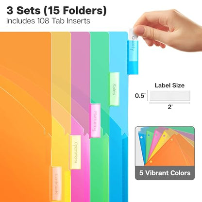 Dunwell 5-Tab Dividers with Pocket for 3-Ring Binders (3 Sets, 15 Count), Plastic One Pocket Dividers with Tabs, Slash File Jackets 3 Hole Punched for 8.5x11 Paper, Poly Pocket Notebook Dividers - size: 3 Sets (15 pcs), style: 1 Pocket