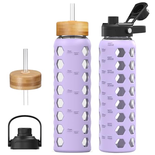 MUKOKO Glass Water Bottle, 32oz, Purple | Glass Tumbler with Straw, Drinking Bottles with 2 Lids-Handle Spout Lid & Bamboo Straw Lid, Silicone Sleeve, 1 Pack - color: Purple, size: 32 Ounces