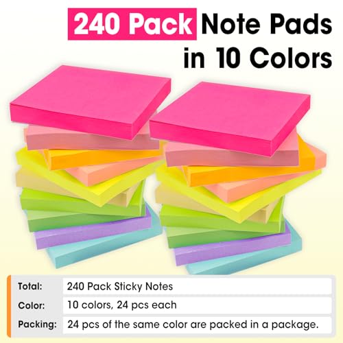 240 Pads Sticky Notes 3x3, Self-Stick Pads Bulk Bright Colors, School Supplies, Office Products, 50 Sheet/Pad - color: 240 Pads