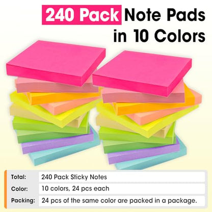 240 Pads Sticky Notes 3x3, Self-Stick Pads Bulk Bright Colors, School Supplies, Office Products, 50 Sheet/Pad - color: 240 Pads