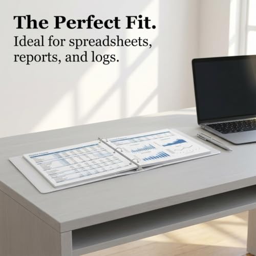 8.5" X 11" Landscape View Binder, 3-Ring 1.5 Inch Capacity Round Ring, White Horizontal Formatted with Clear Cover Pockets for Documents, Spreadsheets, Projects and More - size: 1.5 Inch
