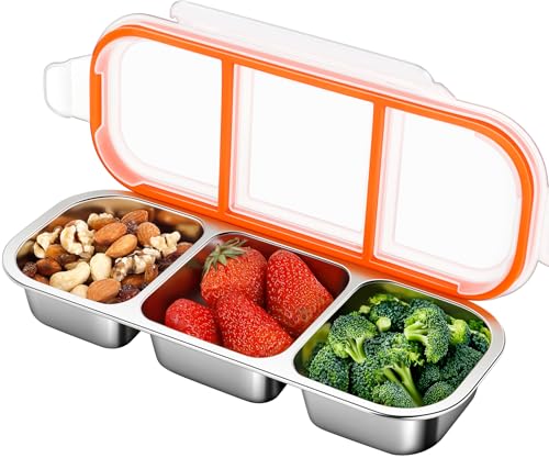 KTKUDY Stainless Steel Snack Container for Kids & Adults - Large - Leak-Proof 3-Compartment Stackable Snack Lunch Box for Daycare, School, Work & Travel - size: 1 Pack-3 Sections
