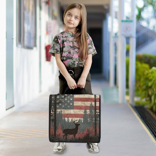 Cute Deer American Flag Zipper Binder Bag 3 Ring with Handle Shoulder Strap, Binder File Organizer Bag Storage Case for Work Office School