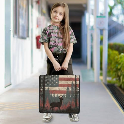 Cute Deer American Flag Zipper Binder Bag 3 Ring with Handle Shoulder Strap, Binder File Organizer Bag Storage Case for Work Office School