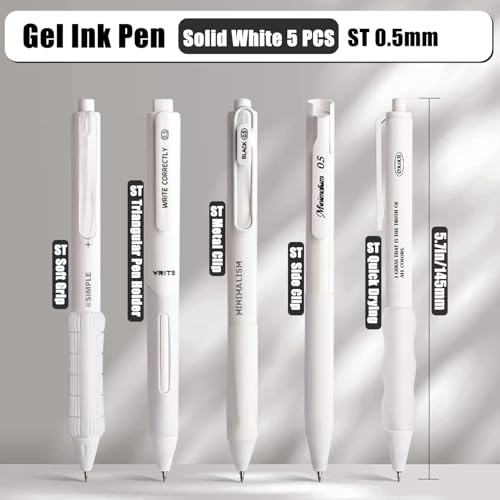 5 Count Pastel Gel Ink Pen Set,Cute Note Taking 0.5mm Fine Point Retractable 5 Count Black Ink Pens for Writing, Journaling, School, Office (White) - color: White