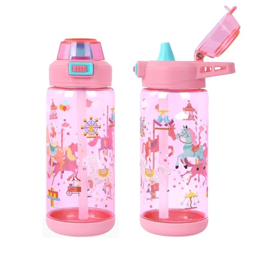 20oz Kids Water Bottle For School or Travel, Leak-Proof & Dishwasher, Durable Plastic Sport Water Bottle With Straw and Handle, Carousel - color: Pink carousel