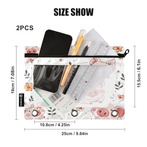 SUABO Flower and Pig Pencil Pouch for 3 Ring Binder, 2 PCS Binder Pencil Pouch with Zipper, Clear Window Zipper Pencil Case Pencil Bags for Office Supplies - color: Pig