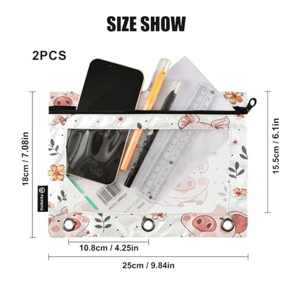 SUABO Flower and Pig Pencil Pouch for 3 Ring Binder, 2 PCS Binder Pencil Pouch with Zipper, Clear Window Zipper Pencil Case Pencil Bags for Office Supplies - color: Pig