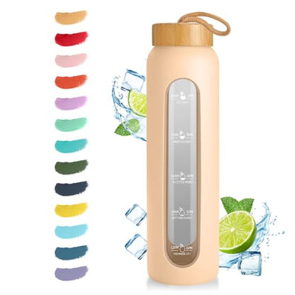 Sursip 32 oz Glass Water Bottle, Time Marker with Silicone Sleeve & Lid | 1 Liter BPA-Free Motivational Bottle, Leak-Proof Dishwasher Safe - color: Beige