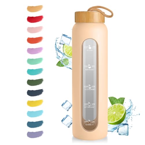 Sursip 32 oz Glass Water Bottle, Time Marker with Silicone Sleeve & Lid | 1 Liter BPA-Free Motivational Bottle, Leak-Proof Dishwasher Safe - color: Beige