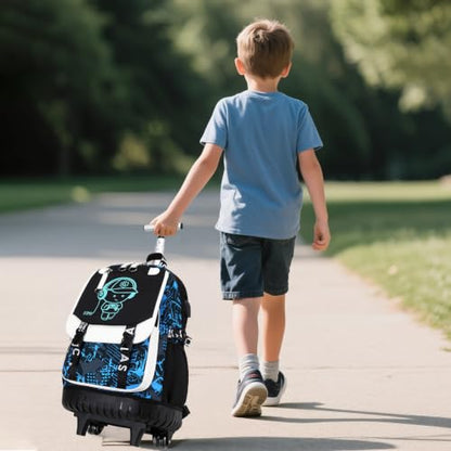 Bevalsa Rolling Backpack for Boys, Roller Backpack with Wheels, Wheeled School Bag with Sling Bag, Lunch Box & Pen Case for Kids Children Teens Elementary Middle Student Glow In The Dark - color: Blue