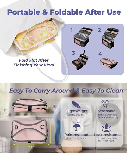 SUNNY BIRD Foldable Insulated Lunch Bag Leakproof Thermal Lunch Box for Women Men Teen with Shoulder Strap (Grapefruit Pink) - color: Grapefruit Pink