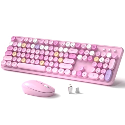 Links9+ Wireless Keyboard and Mouse, Full-Size Retro Typewriter Keyboard with Round Keycaps, 2.4GHz for Windows, Mac, Laptop, PC, Desktop (Pink Colorful) - color: Pink Colorful