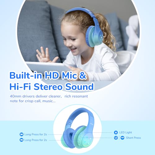 EarFun K4 Kids Bluetooth Headphones, Wireless Headphones with LED Lights | 74/85/94dBA Volume Limited, Built-in Mic, 90H Playtime, Bluetooth 5.4 Over Ear Headphone for iPad/Tablet/PC/School, Green - color: Green