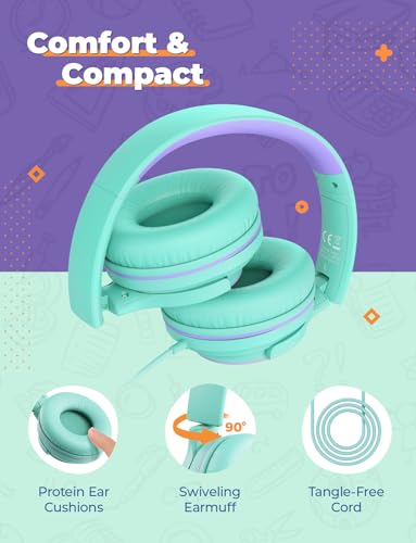 iClever 2Pack Kids Headphones with Sharing Splitter - 85dBA Safe Volume Limited - HS22 Wired Headphones for Kids Teens, Tangle-Free 3.5mm Jack Foldable Stereo for School/Tablet/Travel - color: Green & Blue