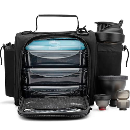 Hydra Cup Insulated Meal Prep Lunch Bag, Large Travel Lunch Box Included with Containers, Shaker Bottle, Funnels, Ice Packs, Cup Holder and Luggage Sleeve (Black) - color: Black