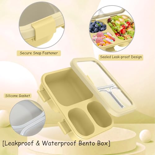Bento Box, Lunch Box with Lids, 3-Compartment Meal Prep Containers Reusable, Leakproof & Stackable, Food Storage Containers for Office, Travel (Wheat purple & pink) 2pcs - color: Wheat purple & pink