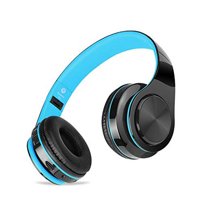 Wireless Headset with Mic, Foldable Bluetooth Headphone with 3.5mm Audio Jack, Built-in Noise Cancelling Microphone, Support for Plug-in Card, for PC, Phone(Black+Blue)