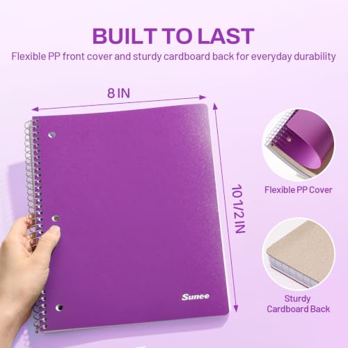 SUNEE Spiral Notebook, 1-Subject, College Ruled Paper, 8" x 10-1/2", 100 Sheets per Notebook, 3-Hole Punched Paper, Water Resistant Cover, Double-sided Pockets, Dark Purple - color: Dark Purple