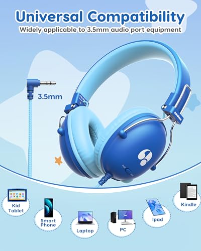 awatrue Kids Headphones, 74/85dB Safe Volume Limit, Stereo Sound, Wired On-Ear Headphones for Kids Boys Girls, 3.5mm Jack for Tablet, iPad, Kindle, YOTO Player, Airplane Travel, Blue - color: Blue