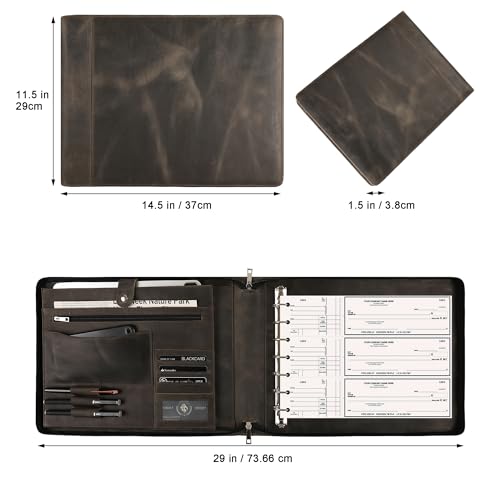 DUKE&COW Leather Business Check Binder - Zippered, 7 Ring, 600 Checks Capacity, 9 x 13 inch Sheets, Grey - color: Grey, size: Custom