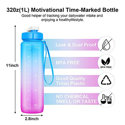 32oz Motivational Water Bottle with Time Marker Ensure You Drink Enough Water Throughout the Day - BPA Free & Portable Reusable Water Bottles for Fitness, Gym and Outdoor Sports (Blue/Pink-A2)