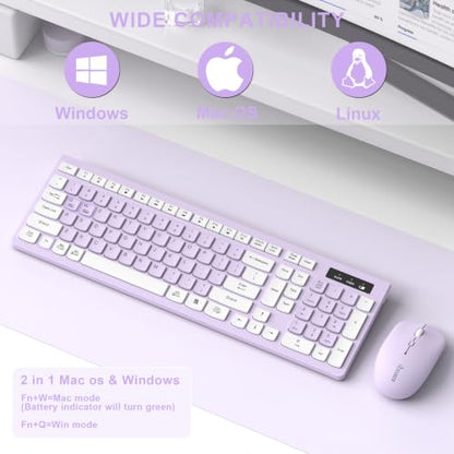 Wireless Keyboard and Mouse Combo, Full-Sized Wireless Keyboard and Adjustable DPI Mouse, 2.4GHz USB Receiver, Keyboard and Mouse for PC, Windows, Desktop, Laptop (Light Purple) - color: Light Purple