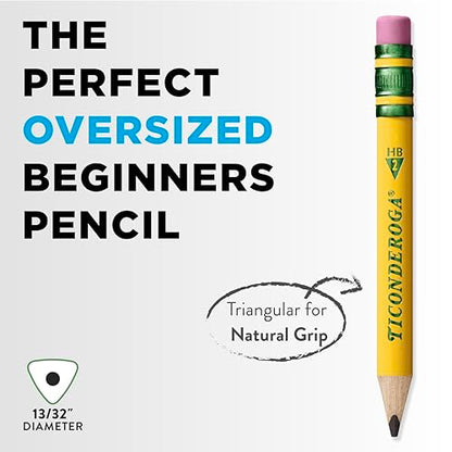 Ticonderoga My First Half-Size Wooden Pencils, 12 Pencils/Pack, 1 Pack | Large Triangle-Barrel Pre-Sharpened #2 (HB) Short 4.5" Yellow Pencils with Erasers, X33012