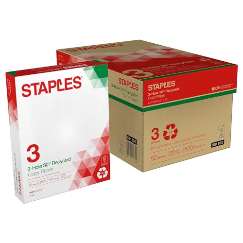 Staples Recycled 8.5 x 11-Inch, 3-Hole Punched Copy Paper 20 lb 92B 500/Ream 10 Ream/Count - size: 5,000 Sheets, style: Recycled