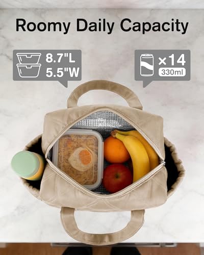 Quilted Puffer Lunch Bag for Women, Insulated Lunch Tote with Foil Lining, Leak-Resistant Reusable Lunch Cooler Bag, Roomy Soft Lunch Box for Work, School, Picnic and Travel (Khaki) - color: Khaki