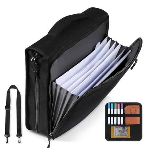 2 Inch 3 Ring Zipper Binder with Multi-Pocket, 6-Tab Expandable File Folder, Fits 14” Laptop, Zipper Bag Fits 500 Sheet Capacity with Handle & Shoulder Strap(Black) - color: Black