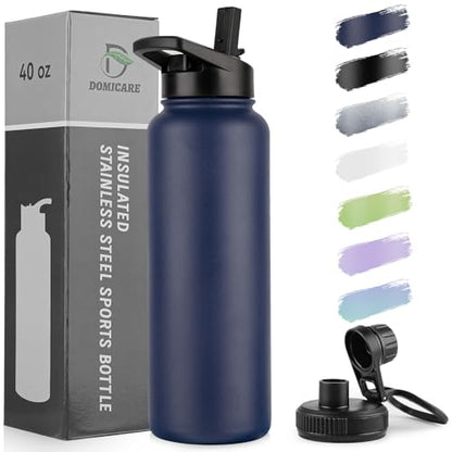 DOMICARE 40 oz Insulated Water Bottle, Vacuum Insulated Stainless Steel Sports Water Bottle with Straw Lid & Spout Lid, Leakproof, Reusable - Travel, Camping, Bike, Navy Blue - color: Navy Blue, size: 40 Ounces