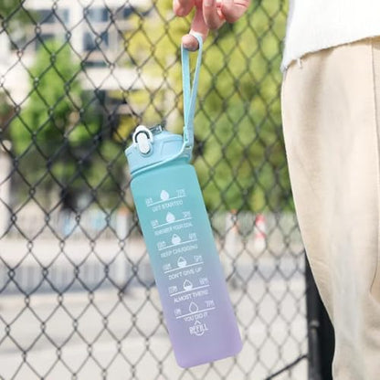 Motivational Water Bottle with Time Markers, 25oz, Gradient Blue-Orange, Leak-Proof Lid with Strap