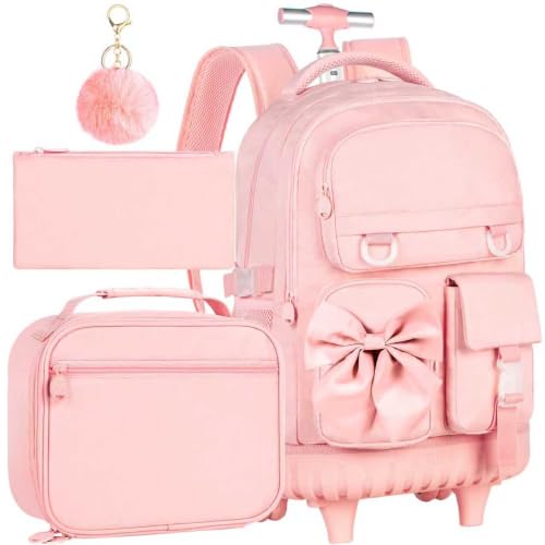 HPJGD 3PCS Girls Rolling Backpack, Pink Bow Tie Wheeled School Backpacks, Water-Resistant Roller Bookbag Set - color: Pink Bowknot Rolling Backpack Set
