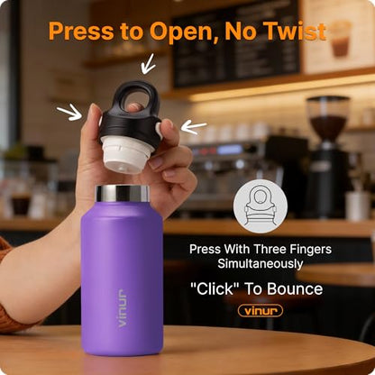 Vinur 12 oz Small Insulated Water Bottle-Leak Proof Travel Water Bottle for Purse-Reusable Stainless Steel with Push Button Lid | One-Hand Operation, Purple - color: Purple, size: 12 Ounces