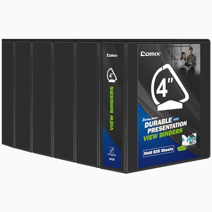 Comix Durable 3 Ring Binder, 4 inch D Ring Binders, Hold 835 Sheets of US Letter Size Paper, 6 Pack (Black) - color: Black, size: 4 Inch, style: 6 Pack