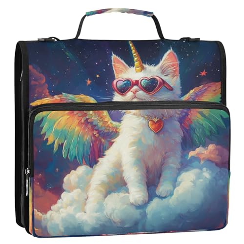 Caikeny 3 Ring Zipper Binder Watercolor Cat Rainbow Heart 1.5 inch Binders Bag with Shoulder Strap and Handle Expanding File Pockets - color: Multicolored 1z2.6