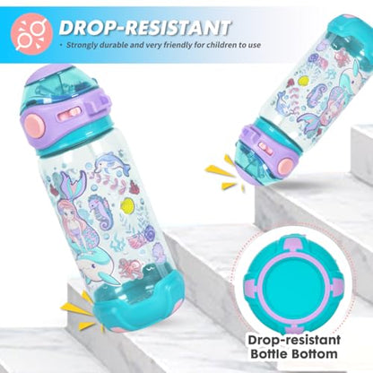 Kids Water Bottle with Straw/Lanyard for School Kids Girls Boys, 22oz BPA Free Child Drinking Water Bottle One-Click-Open Leak-Proof Locking Flip Lid for School Sport Travel - color: H03. Mermaid