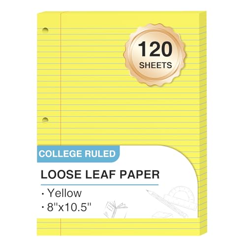 Yellow Loose Leaf Paper 8 x 10.5, 120 Sheets Lined Paper College Ruled Paper, 3 Hole Punched Notebook Paper College Ruled, 3 Ring Binder Paper 8 x 10.5, Filler Paper College Ruled for Office, School - color: Yellow-120 Pcs