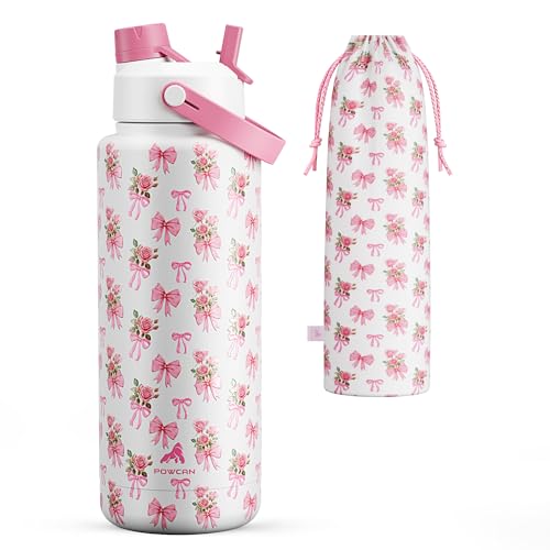POWCAN 40 oz Insulated Water Bottle with 2-in-1 Straw and Spout Lid, Keep Cold 24H, Leak-Proof, BPA-Free, Double Wall Stainless Steel Water Bottle for Sports, Gym, Travel, Gift, Holiday (Rosy Bouquet) - color: Rosy Bouquet, size: 40 Ounces