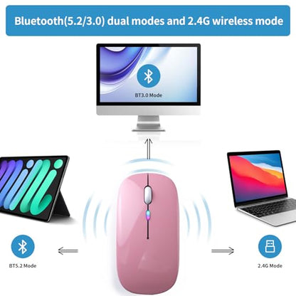 Wireless Bluetooth Mouse, Rechargeable, LED, Silent, Ultra-thin Design (Bluetooth 5.2 and 2.4GHz USB Receiver) | Portable Computer Mouse for Laptops, iPads, MacBooks and Apple Devices (Rose gold) - color: Rose gold